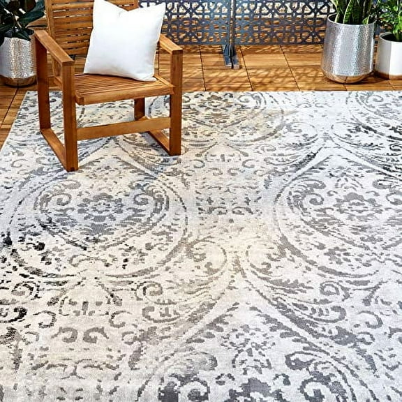Nicole Miller New York Patio Sofia Juniper Transitional Paisley Indoor/Outdoor Area Rug, Ivory/Grey, 7'9"x10'2"