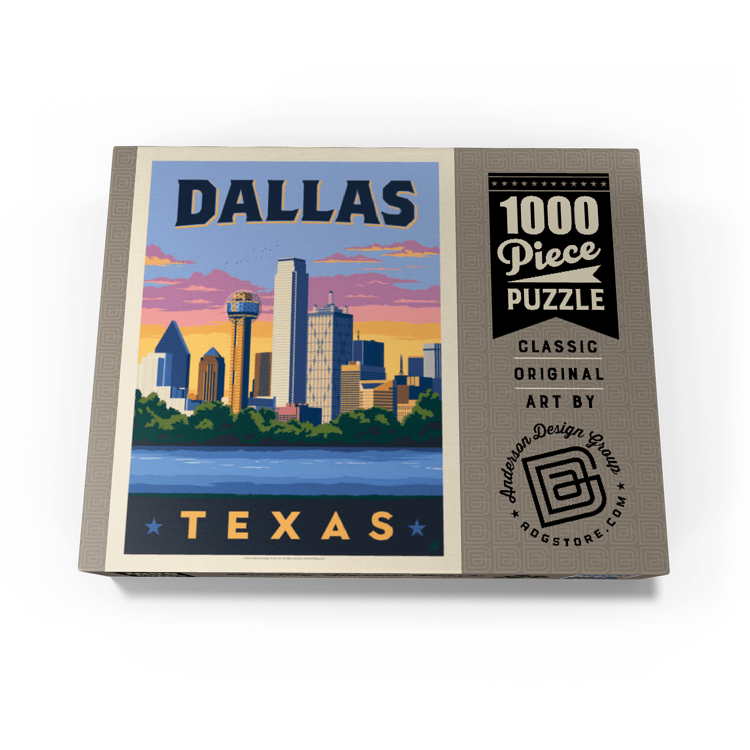 MyPuzzle - Dallas, Texas: Downtown River View, Vintage Poster - Premium 1000 Piece Jigsaw Puzzle for Adults