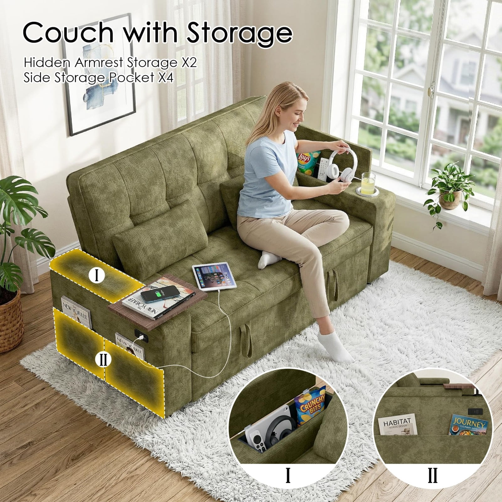 65" Sleeper Sofa Bed, 3 in 1 Convertible Pull Out Couch with Chenille Fabric, USB Ports, Storage Arms, Adjustable Backrest for Apartment Living Room, Green