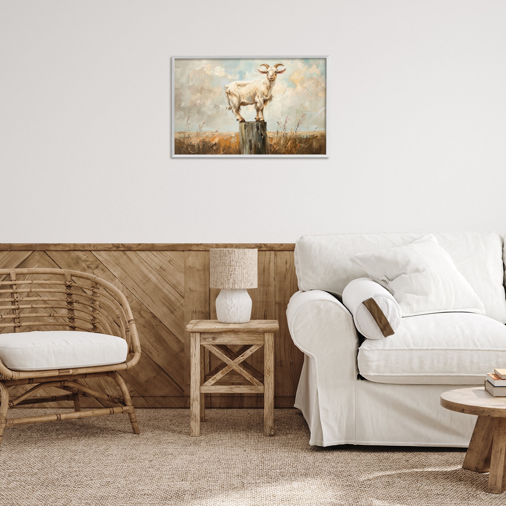Stupell Industries On The Fence Goat Animals & Insects Painting White Framed Art Print Wall Art, 24 x 16