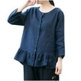 thumbnail image 2 of Women's Button Up Casual Tops Long Sleeve Round Neck Cotton Linen Ruffled Hem Plus Size Solid Shirts Spring Blouses Dark Blue,L, 2 of 6