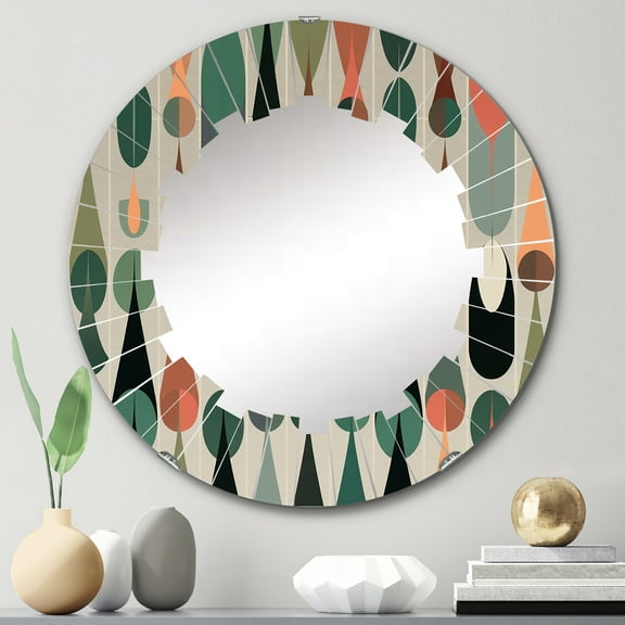 Designart "Retro Abstract Drops X Nostalgic Patterns" Modern Geometric Round Wall Mirror - Modern Oval Printed Decorative Oversized Mirror - Multiple Color Options