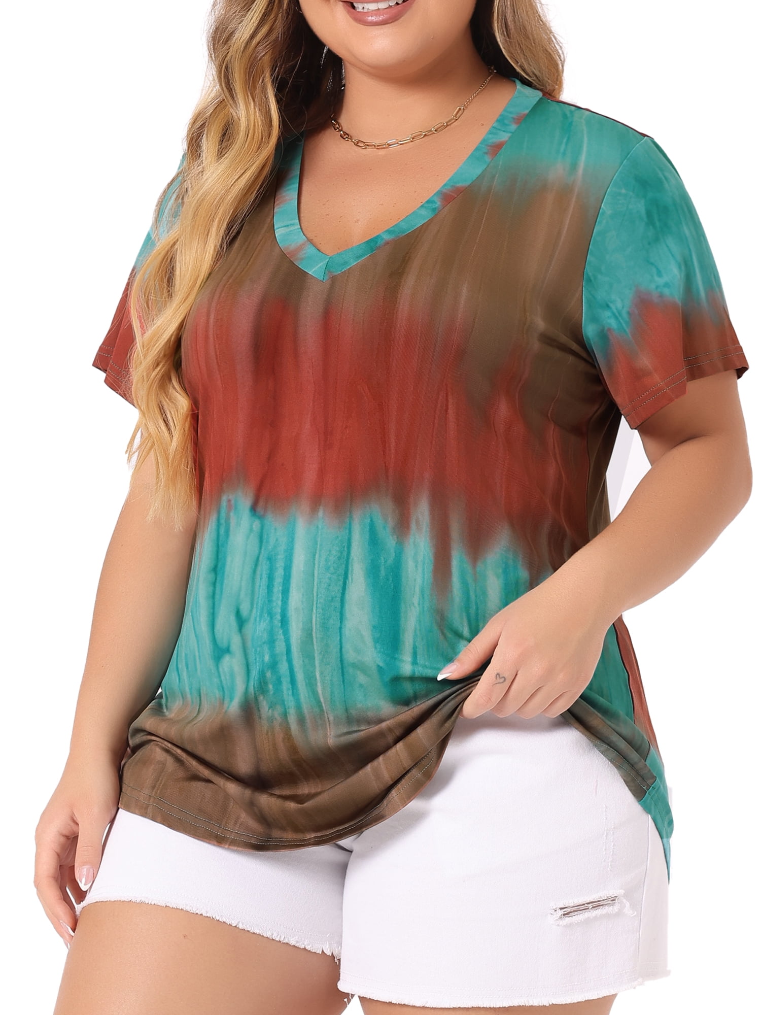 DARING DIVA Women's Plus Size V Neck Short Sleeve Tie Dye Tunic Top 2X Orange