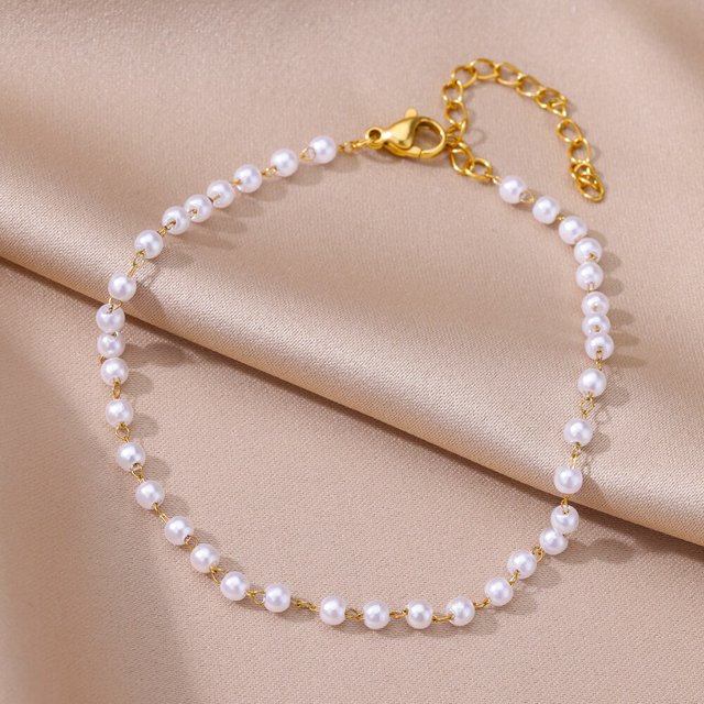 Tobilleras de cadena de perlas de imitación de acero inoxidable para mujer, Accesorios de playa, pulseras de pierna de Color dorado, regalo de cadena corporal, Verano, tobillera acero inoxidable de mu