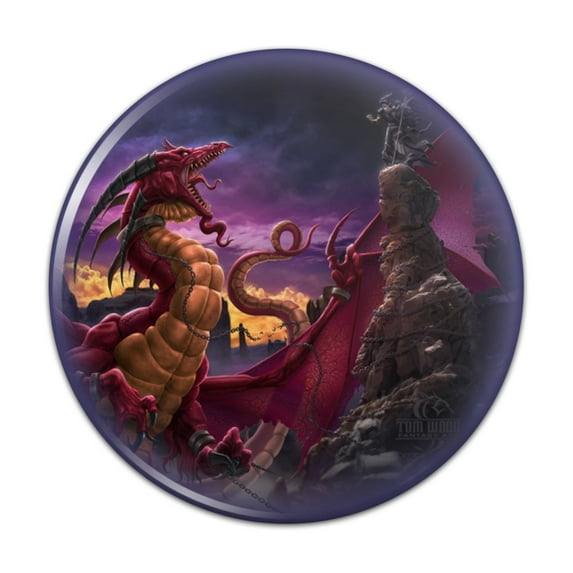 Red Purple Horned Dragon Unleashed Wizard Fantasy Pinback Button Pin
