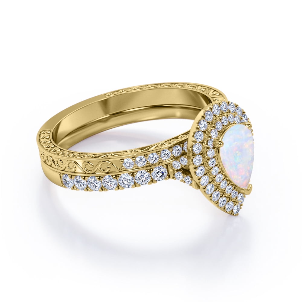 JeenMata Double Halo Set 1.75 Carat Pear Shape Ethiopian Opal and Moissanite Pave Victorian Bridal Ring Set in 18K Yellow Gold Plating over Silver