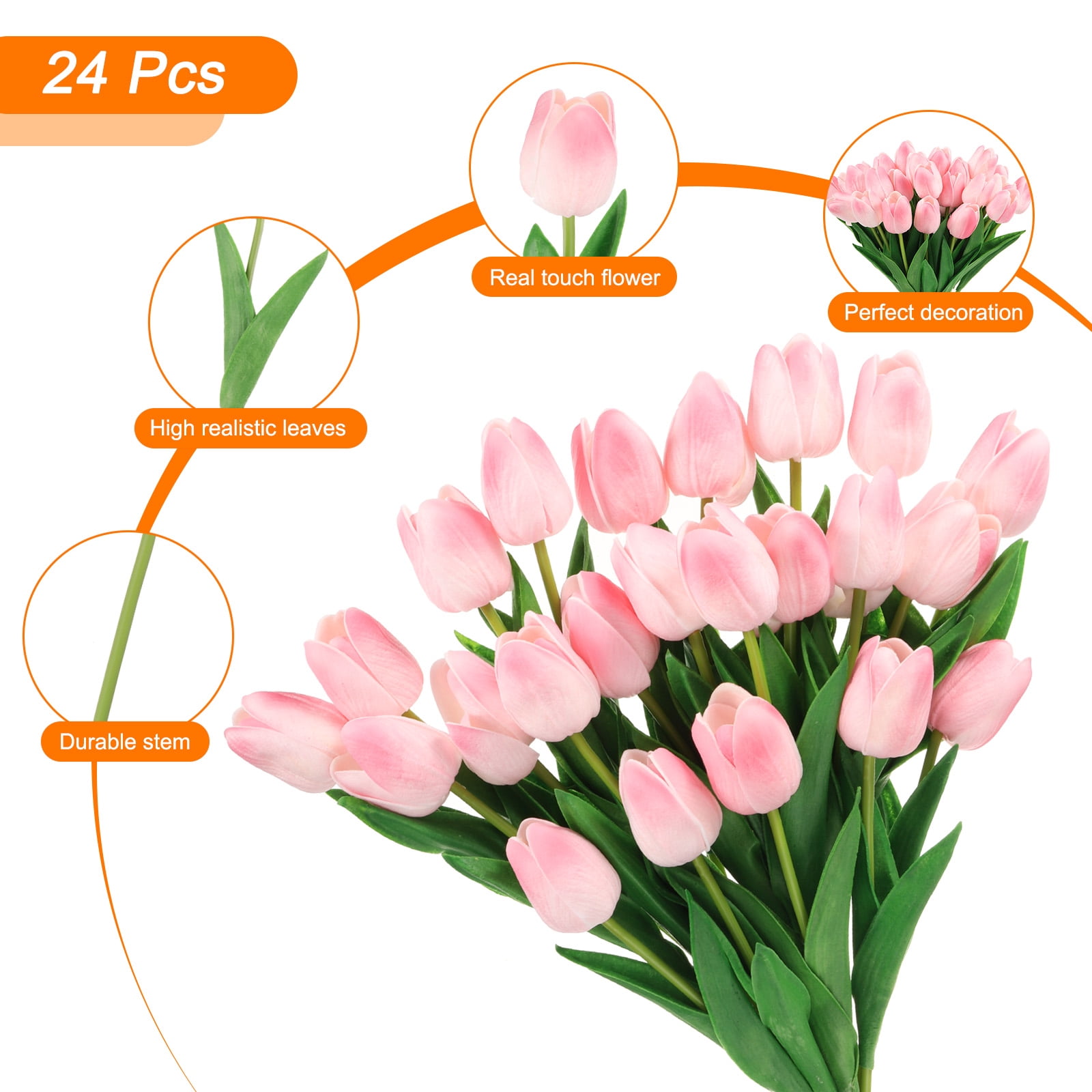 Uxcell 24Pcs Fake Tulips Artificial Flowers, PU Artificial Tulips That Look Real with Stems, Light pink