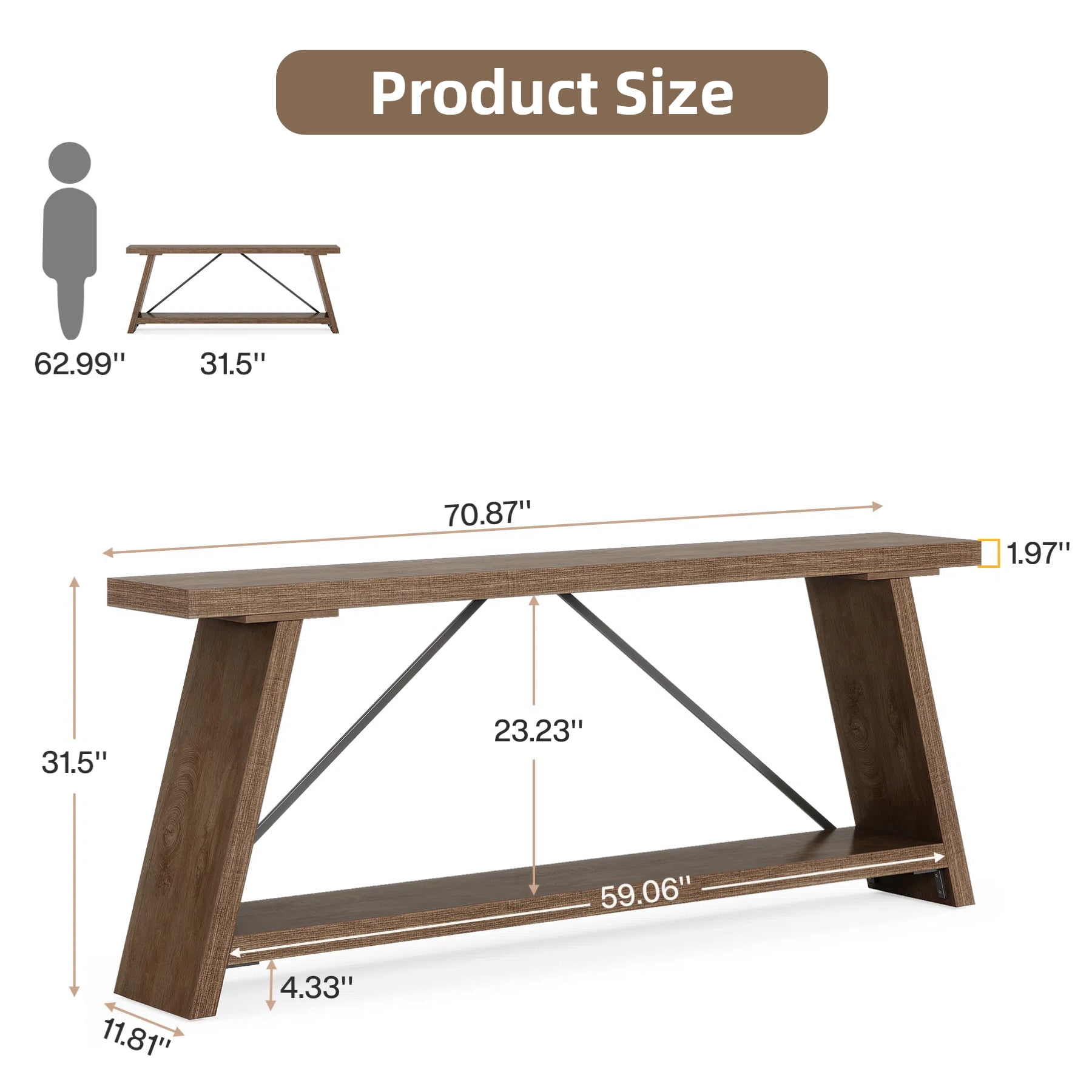Fnova 70.87" Farmhouse Console Table for Entryway, 2-Tier Storage Long Narrow Wood Entryway Table, Metal Frame, Easy Assembly, Brown