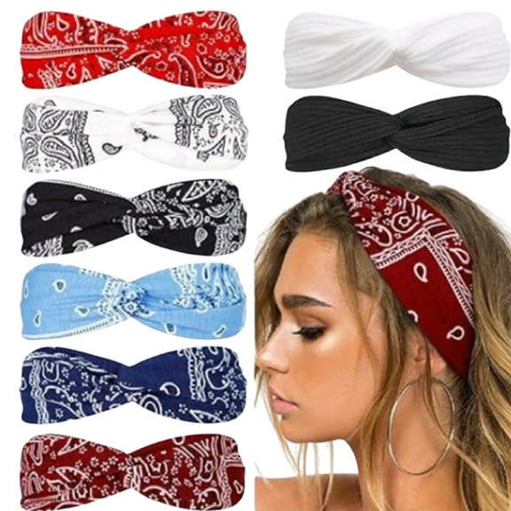 8Pcs Elastic Bandana Headwraps - Solid Color & Paisley Print Hairbands for Women, Non-Slip Sweat-Absorbing Design for All Outfits & Occasions