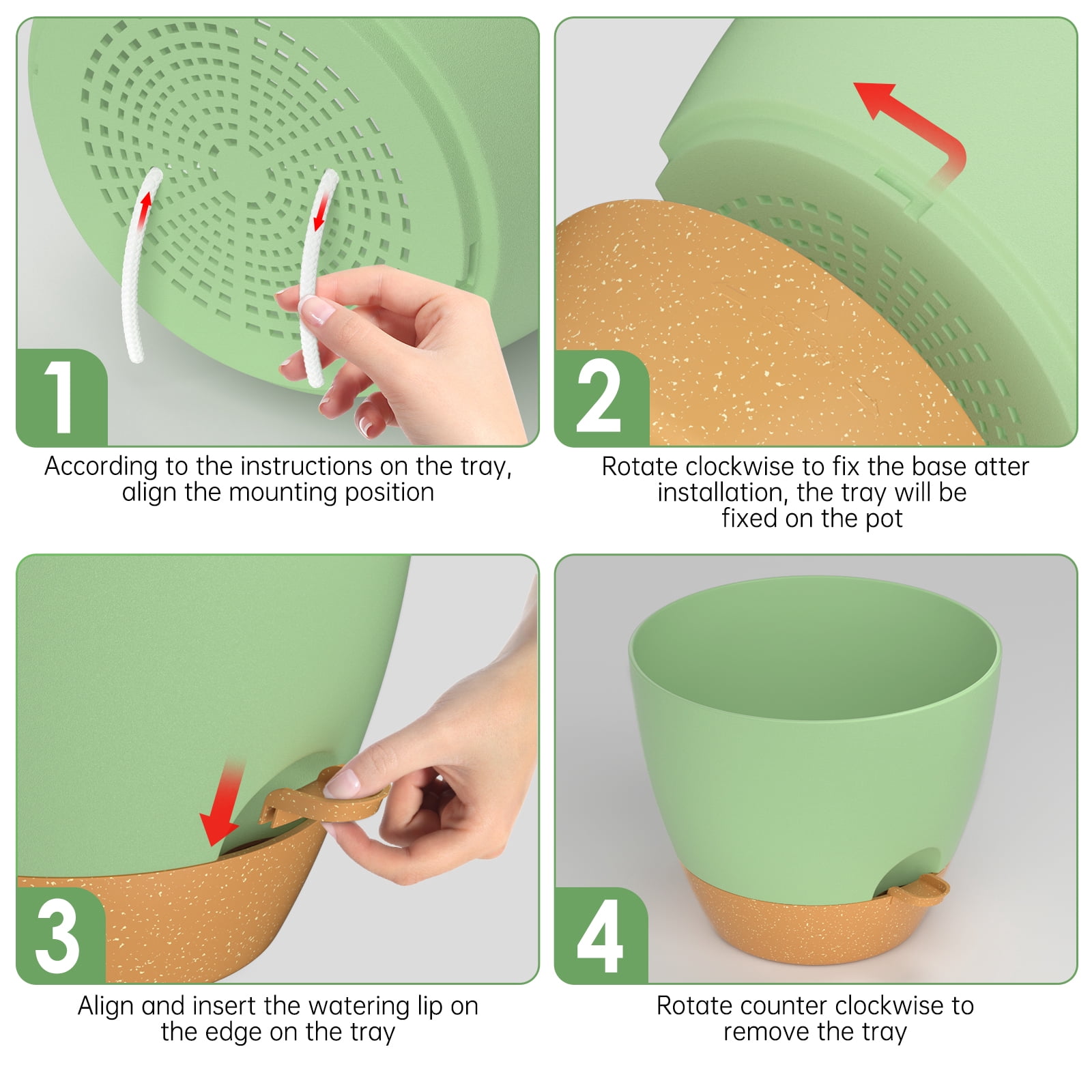 FIASON 6 Pack Plastic 5/5.5/6/6.5/7/8 Inch Green with Brown Self Watering Plant Pots,Include Watering Lip,Drainage Holes & Removable Saucer for Indoor Outdoor Garden House Plants