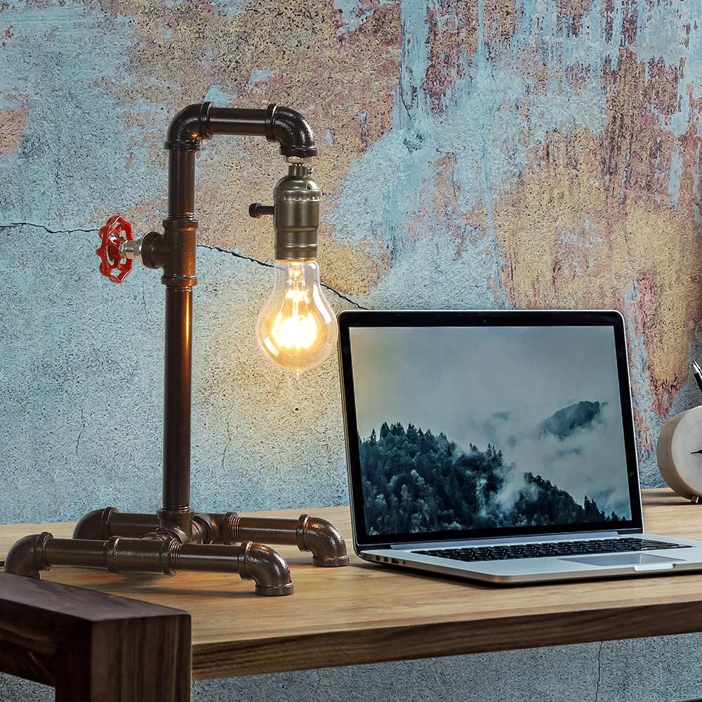 Retro Table Lamp, Industrial Steam Punk Lamp, Loft Style Rustic Bronze Metal Lighting, Pipe Desk Lamp - image 3 of 7