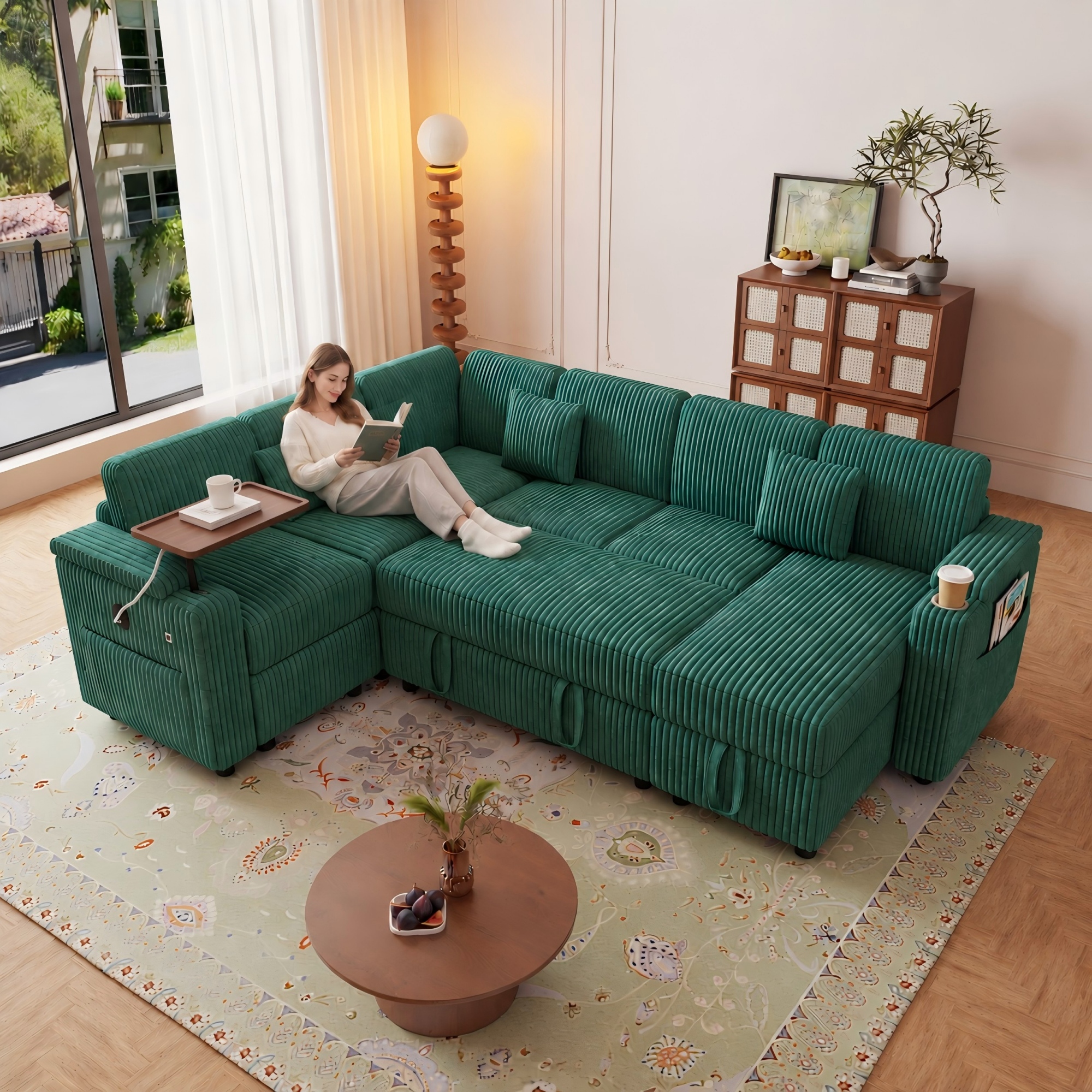 BSHTI 100" Corduroy U‑Shaped Convertible Pull‑Out Sofa Bed with USB Ports, Desk & Cup Holder for Living Room,(Green)