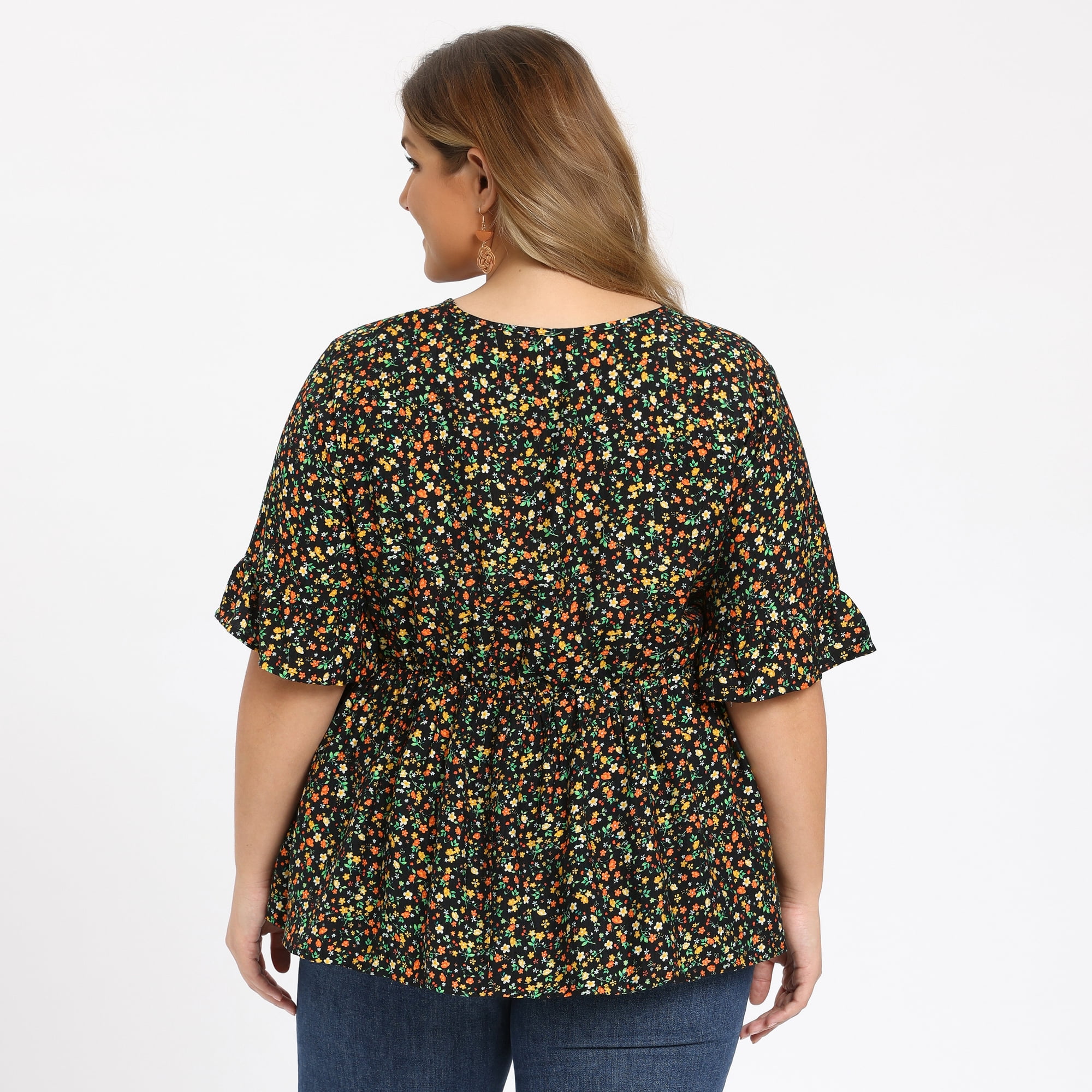 DARING DIVA Women's Plus Ditsy Floral V Neck Tie Front Ruffle Sleeve Blouse 2X Black
