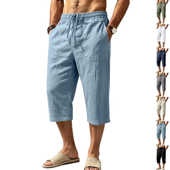 GrmtClth Linen Harem Pants for Men 3/4 Long Elastic Drawstring Waist Loose Fit Casual Yoga Beach Trousers with Pockets Light Blue S