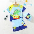 thumbnail image 4 of Rggeeun Boys Child Swimsuit Set Cute Dinosaur & Car and Coconut Tree Print Short Sleeve Crew Neck Top & Elastic Waist Wide Leg Swim Trunks for Summer Beach Surf Lightweight Swimwear,Blue,7-8 Years, 4 of 8