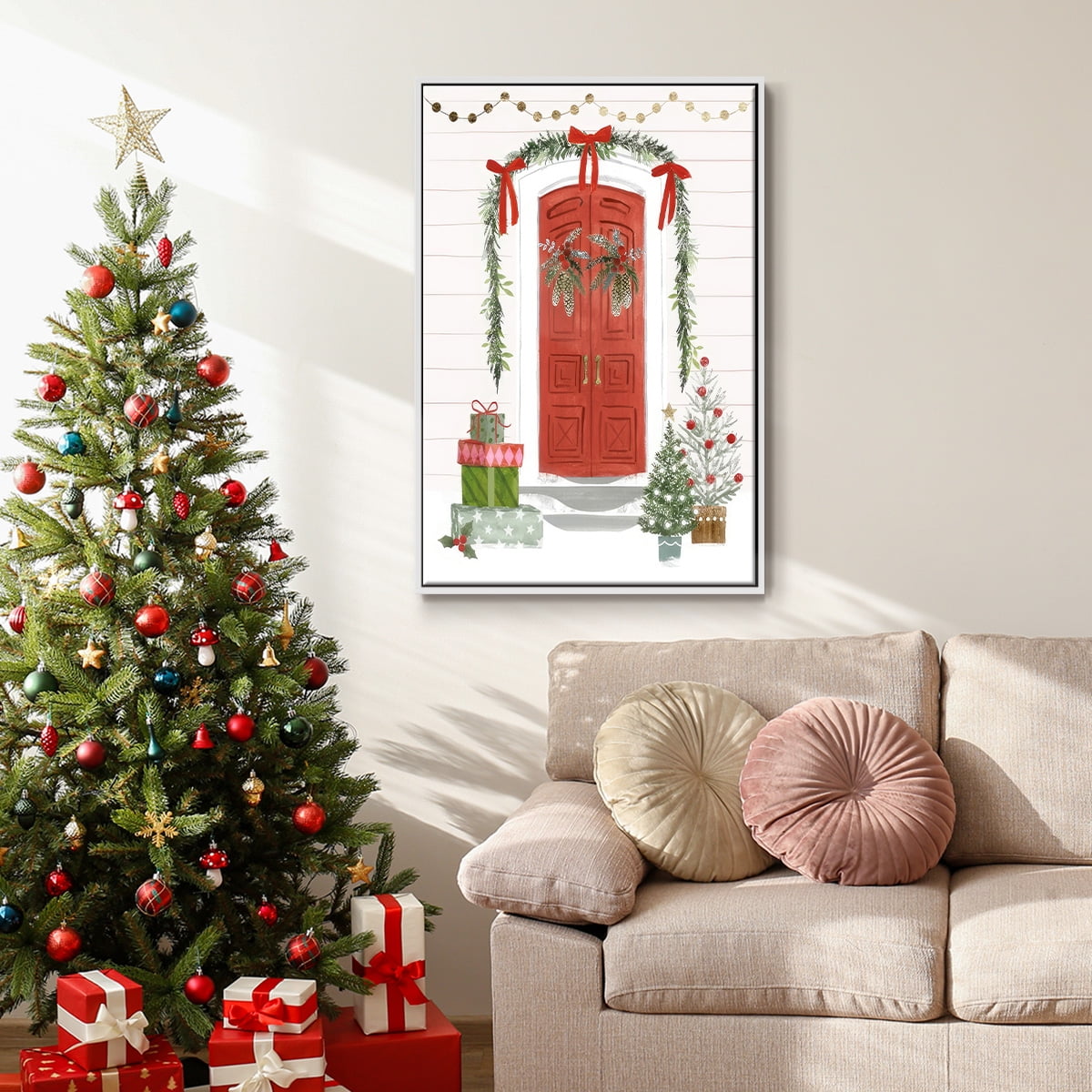 Festive Front Door II - Framed Gallery Wrapped Holiday Canvas - 17 x 25 - White Frame