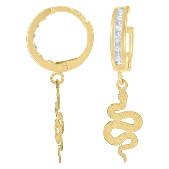10kt Real Yellow Gold Mens Cubic-Zirconia Snake Dangle Hoop Earrings