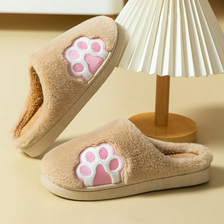 

CoCopeaunt Womens Winter Home Slippers Cute Autumn Cat Warmth Thick Plush PVC Non-Slip Leisure Mens Couple Shoes Soft Bedroom Floor