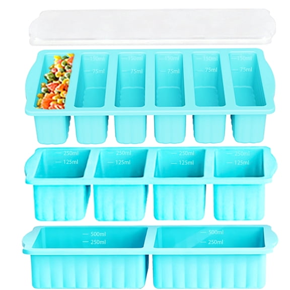 AsFrost Silicone Freezer Tray Set with Lids, 3-Pack Soup and Food Storage Molds, 2-Cup, 1-Cup and 1/2-Cup Portions for Meal Prep and Freezing