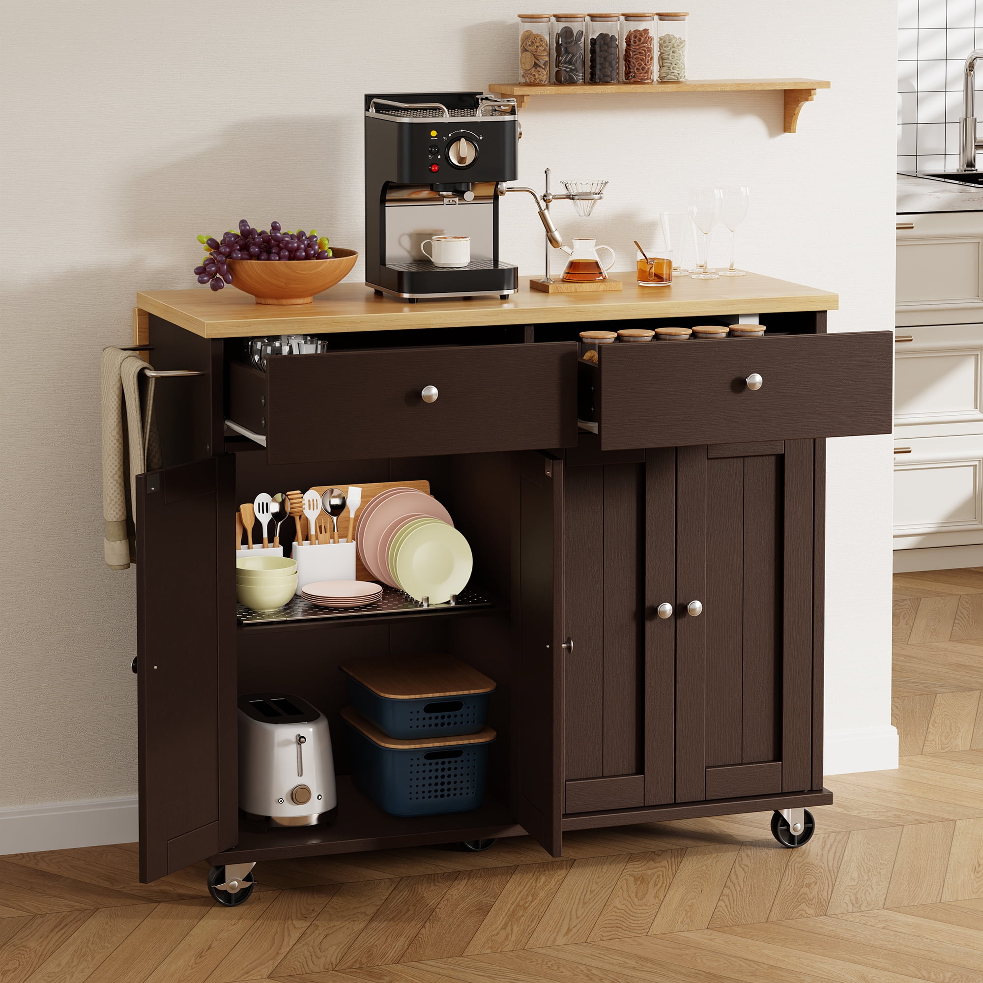 Walsunny Kitchen Islands Carts with Drop Leaf Table 2 Drawers 5 Wheels 4 Magnetic Doors Rolling Storage Cabinet Brown