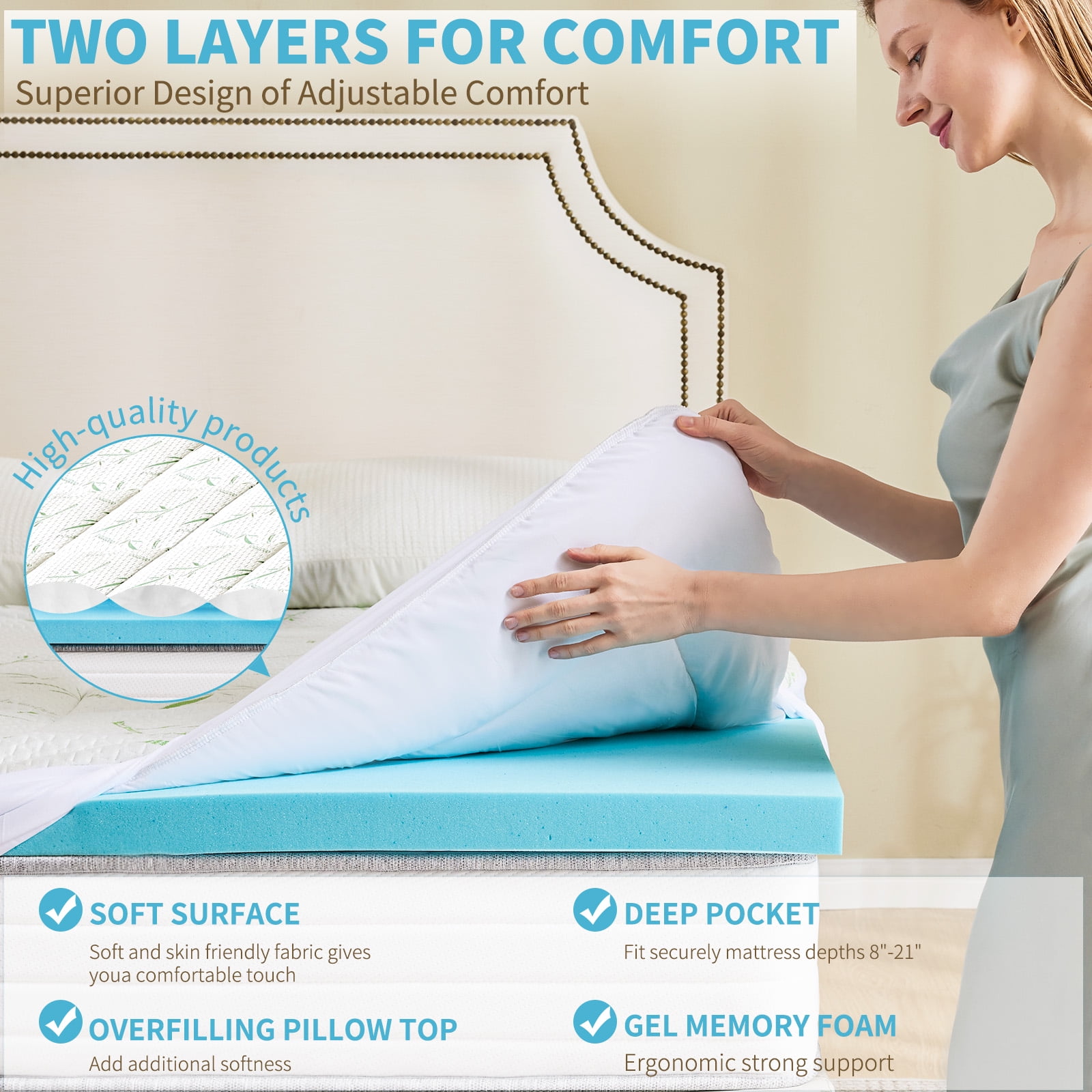 EDX Twin Size-Dual Layer 4 Inch Memory Foam Mattress Topper - 2 Inch Gel Memory Foam & 2 Inch Mattress Protector, Soft Skin-Friendly Down-Alternative Breathable