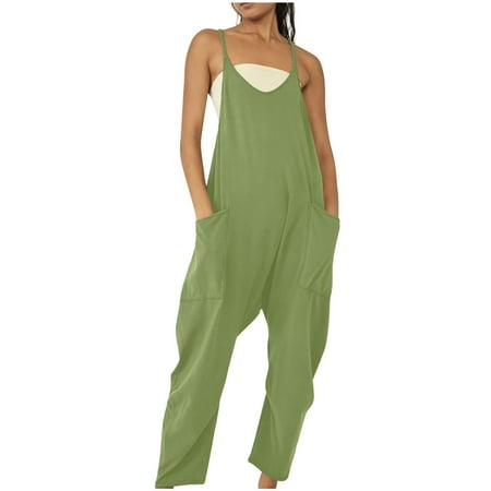 Black and Friday Clearance under $5 LEAVINGSUO Summer Fall Womens Plus Size Clearance $5 Fashion Women Casual Cold Shoulder Jumpsuit Solid Suspender Jumpsuits Wide Pocket Leg Pant Green XL