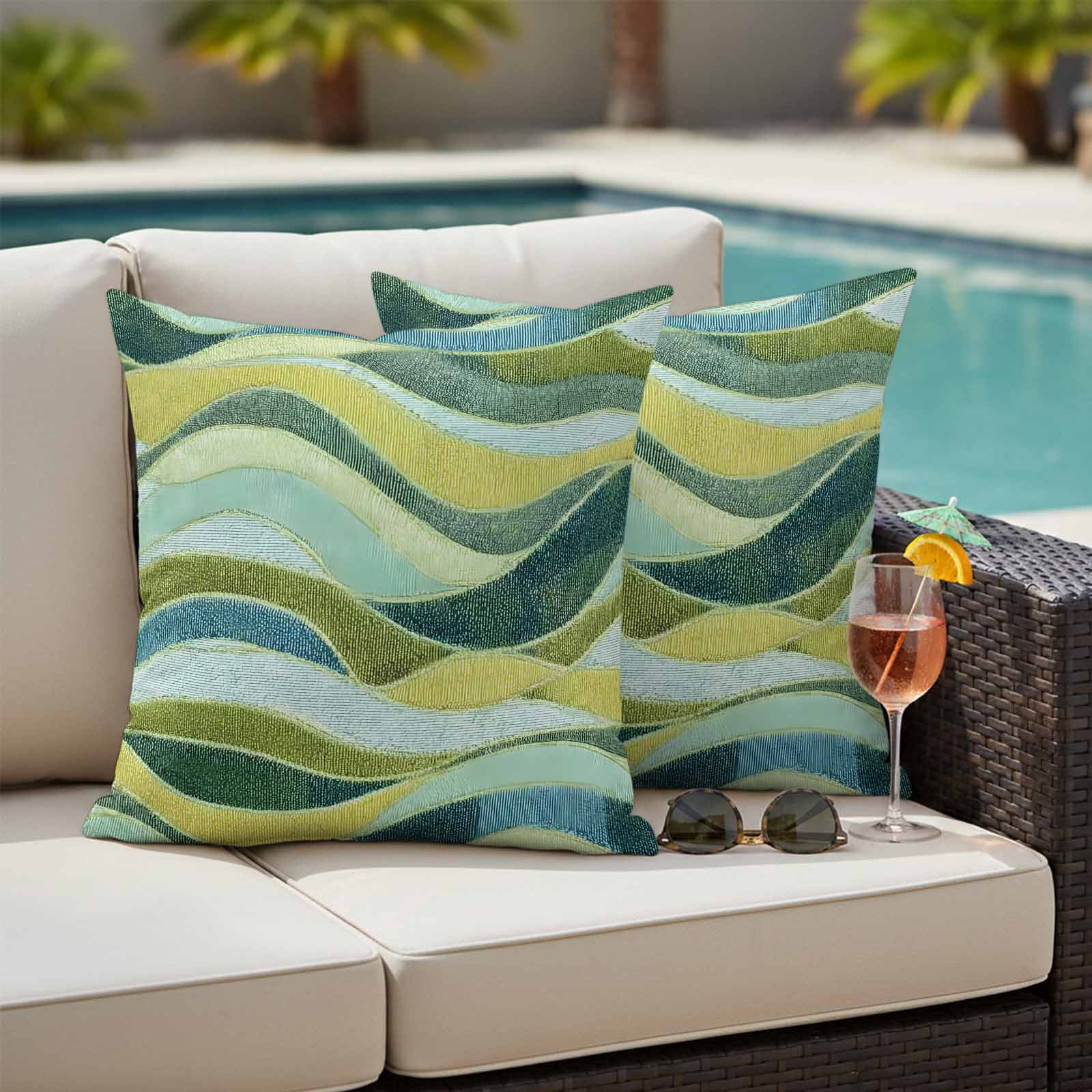 Teal Green Ombre Outdoor Waterproof Pillow Covers, Modern Abstract Moire Wave Striped Decorative Square Throw Pillowcase Sofa Cushion Sham for Patio/Couch/Chair, 24"x24" 2 Pack