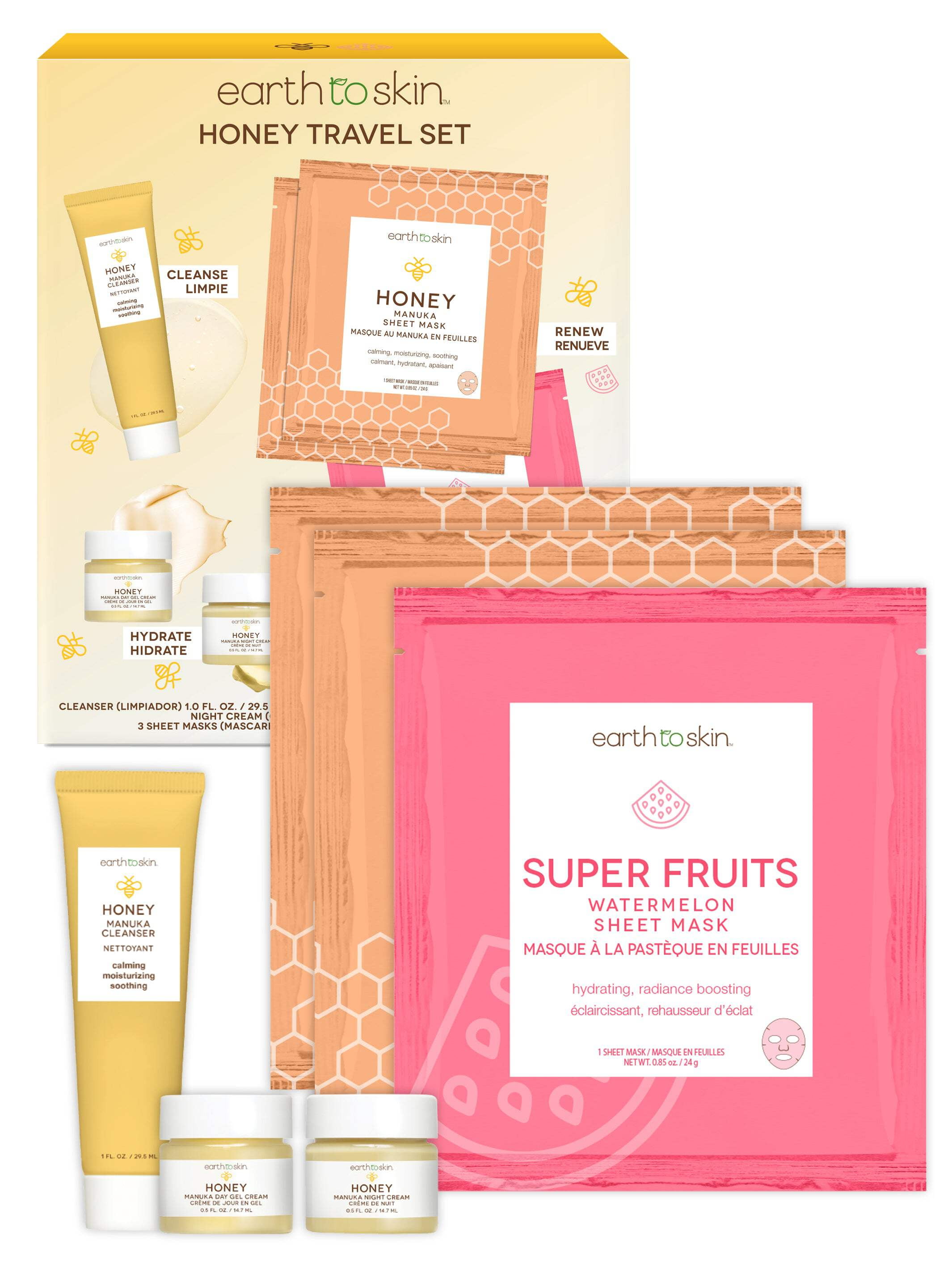Honey Travel Set, 6-Piece Skincare Kit, Manuka Cleanser, Honey