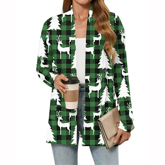 Women's Christmas Printed Lightweight Cardigan Long Sleeve Casual Loose Thin Fit With Pockets Jacket for Holiday Comfort and Everyday Wear,Green,L