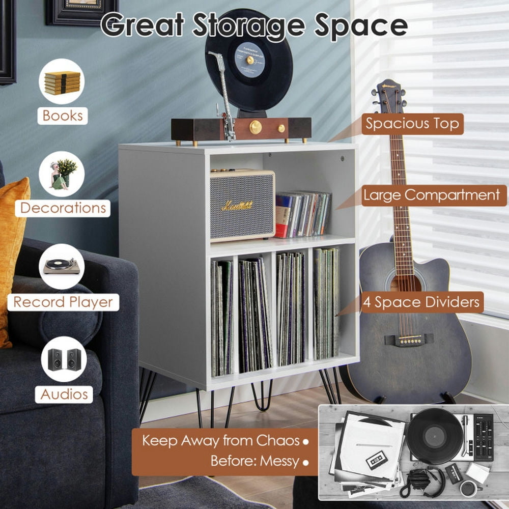 Demi Bonn Storage File Cabinet with Metal Legs, Freestanding Record Player Stand Record, White