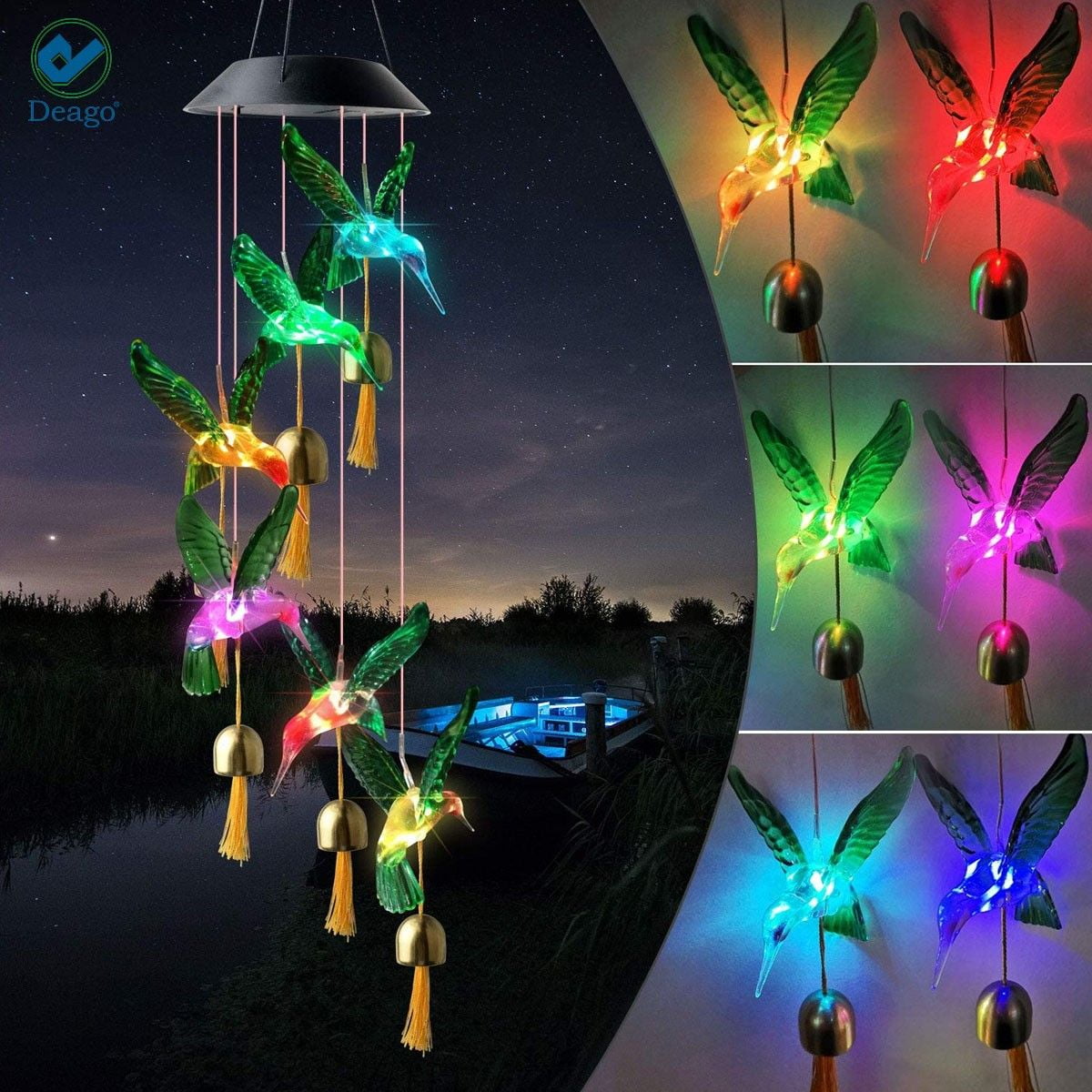 Deago Solar Hummingbirds Wind Chime, Color Changing Solar Powered LED