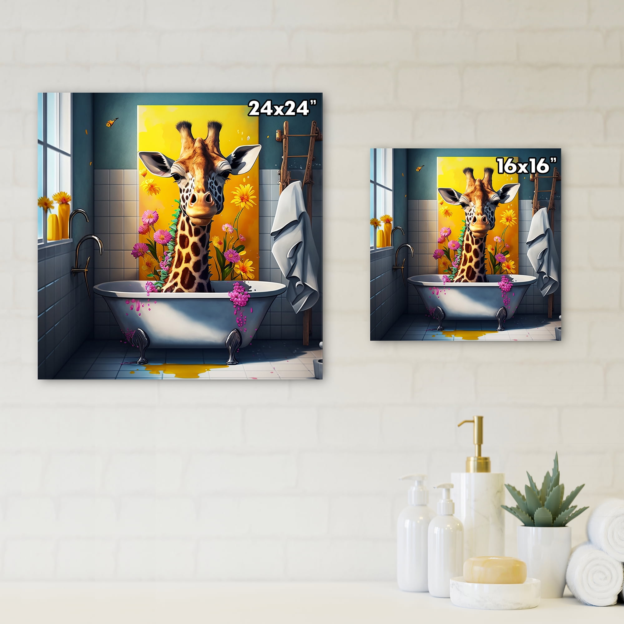Designart Giraffe Caricature Splashing Around In A Flower Bath II Canvas Wall Art