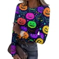 thumbnail image 2 of Halloween Long Sleeve Shirts for Women Slim Ribbed Funny Pumpkin Tunic Blouse Party Crew Neck Spring Day Fashion Clothing Dark Purple S, 2 of 6