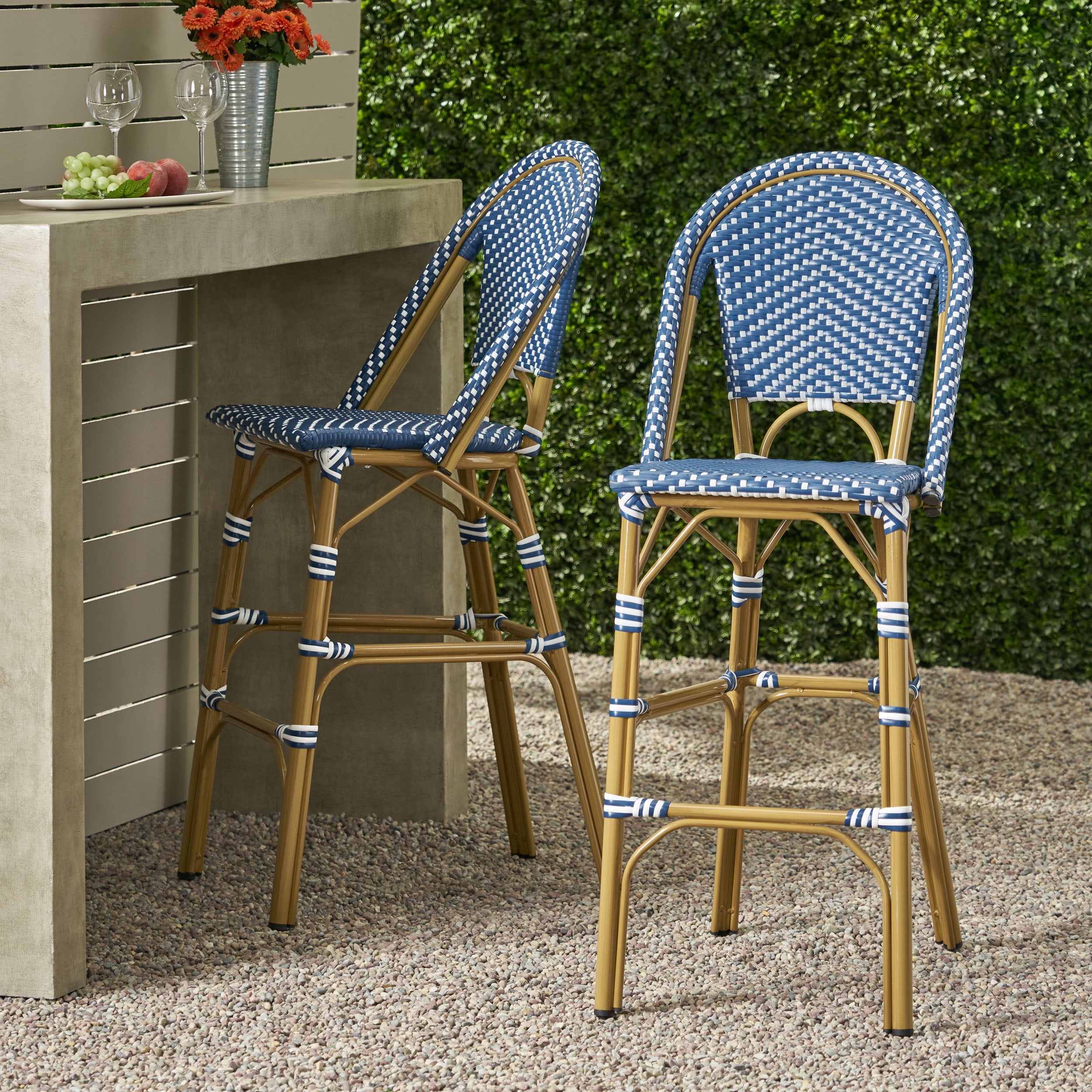 Outdoor French Style Bar Stool Set of 2 29.5 Inch, PE Rattan Frame Height Seats for Patio Bar, Dark Teal and White