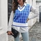 thumbnail image 4 of Suéter de mujer chaleco con cuello en V tejido a cuadros suéter sin mangas para citas trabajo compras, 4 of 7