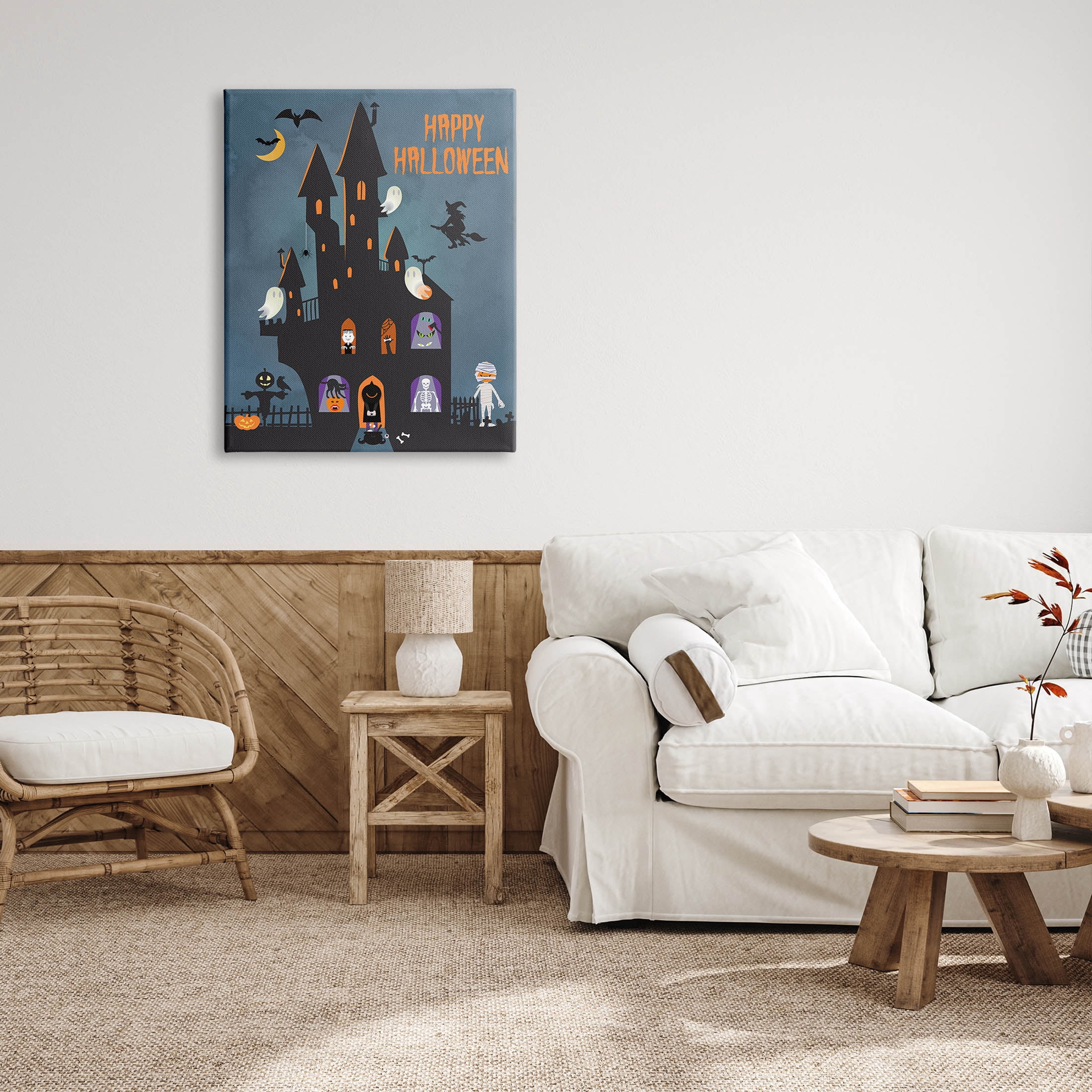 Happy Halloween Haunted Ghost House Holiday Graphic Art Gallery Wrapped Canvas Print Wall Art