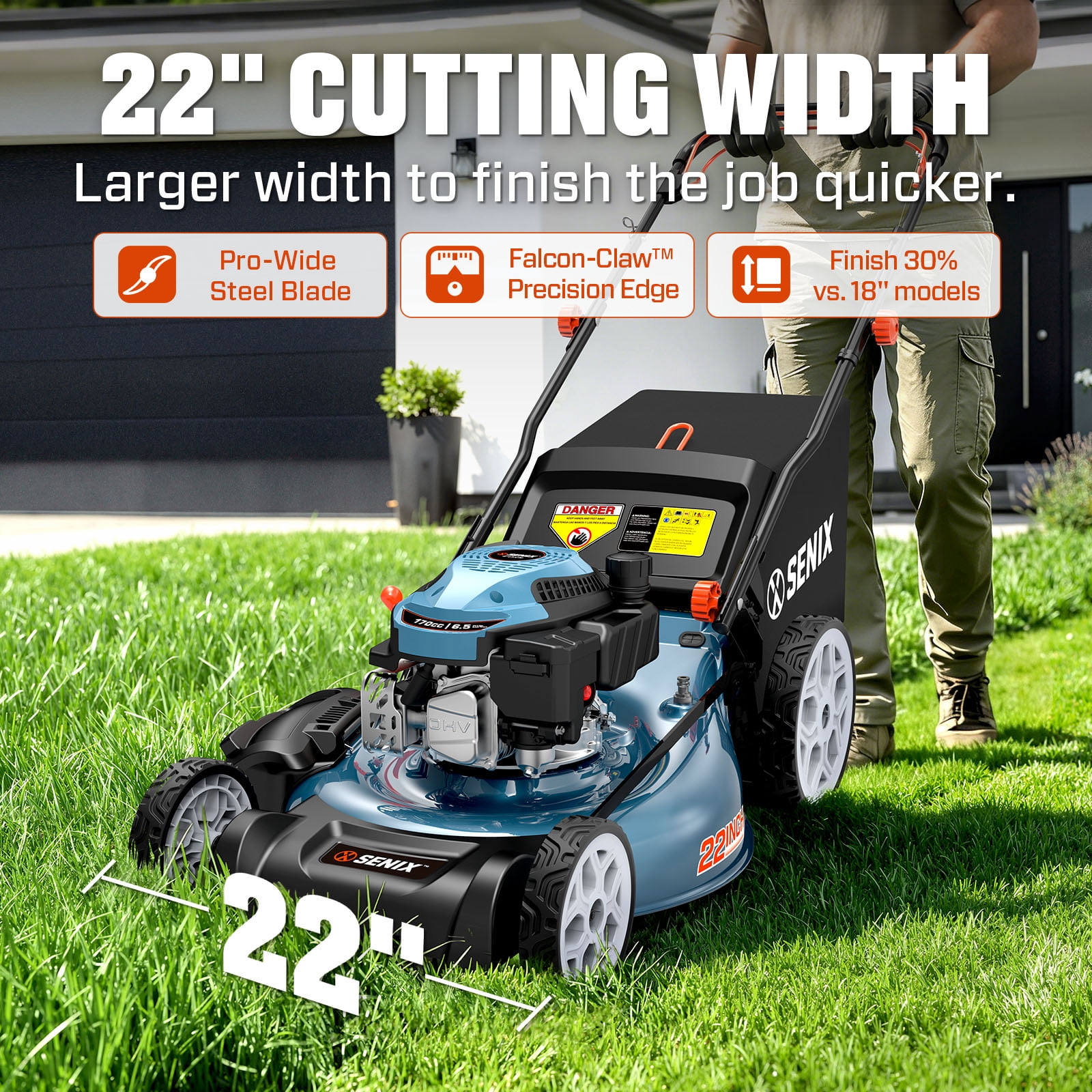 SENIX 3-Tool Combo Kit w/ LSSG-H4, BLX2-M, GTX2-M: 170CC 22" Self-Propelled Gas Lawn Mower, 20V 75 CFM Cordless Blower & 10" Cordless String Trimmer, Batteries & Chargers Included