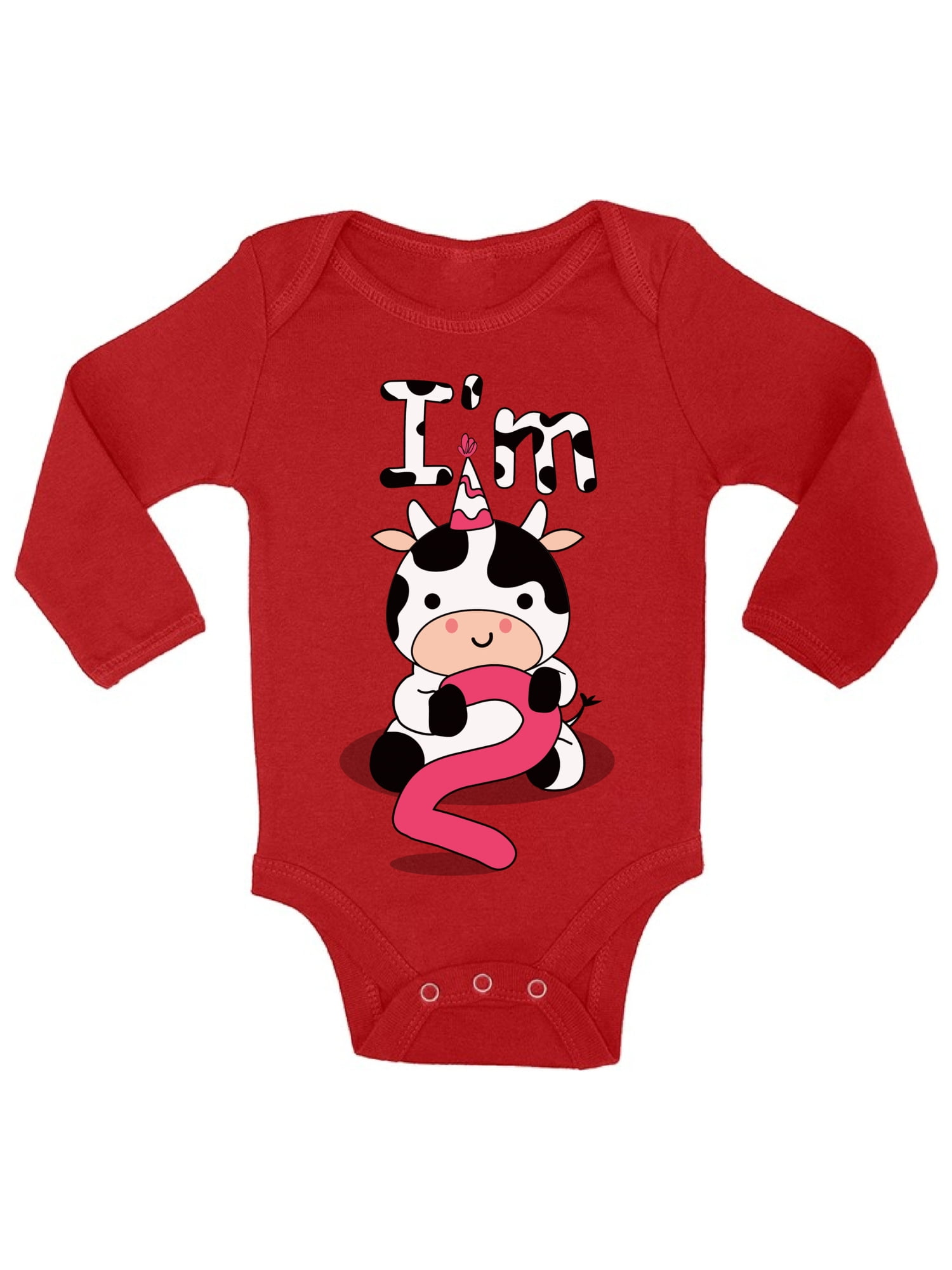 Second Birthday Party Cute Cow 2 Years Old Girl Boy Baby Bodysuits Long