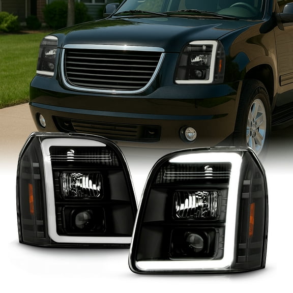 AKKON - Fit 2007-2013 GMC Yukon XL 1500 2500 Denali [LED Tube Parking] Low-Beam Projector Black Headlights Pair Driver Passenger