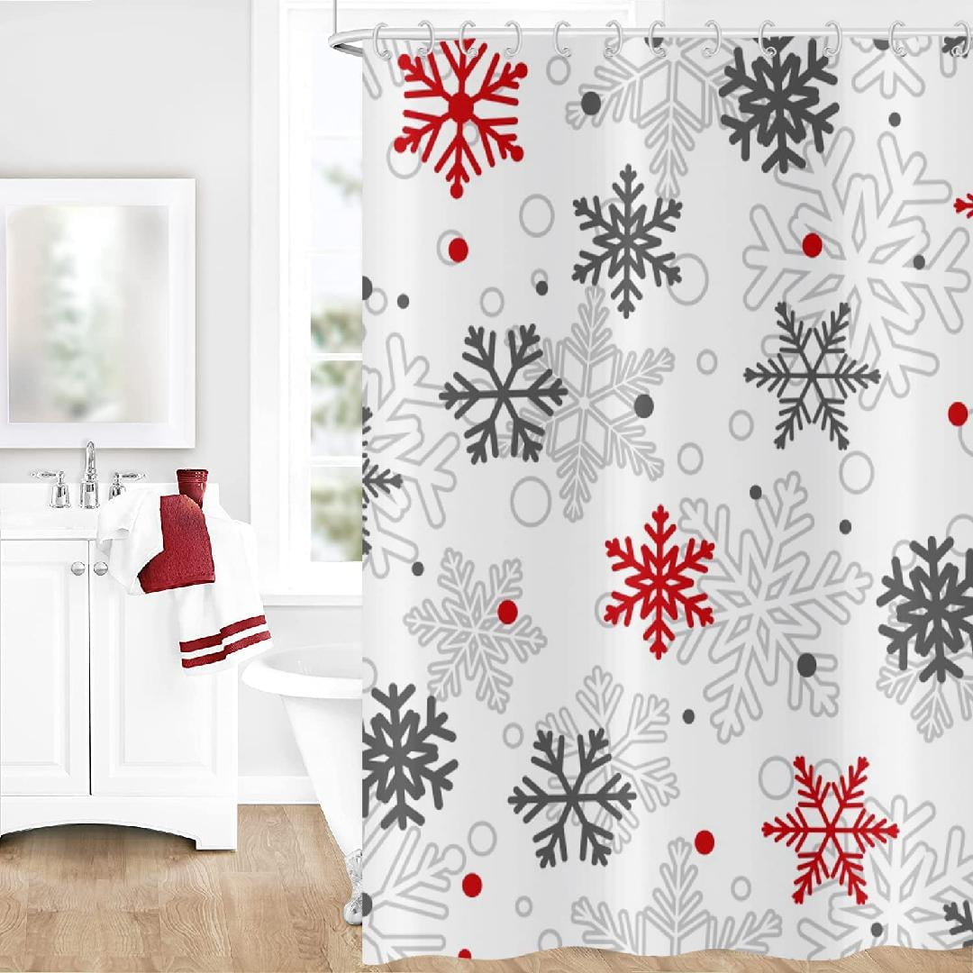 Snowflake Shower Curtain, Grey Red White Christmas Snowflake Winter