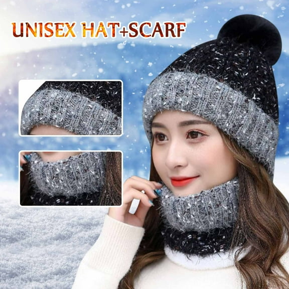 Dyfzdhu Women Earmuffs Add Flocking Thermal Cycling Warm Winter Hat Knitting Scarf Black