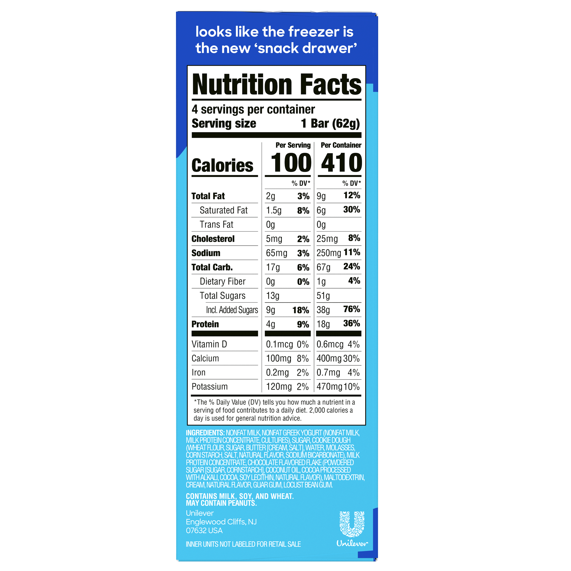 Yasso Smooth Greek Yogurt Ice Cream Bars Chocolate Chip Cookie Dough 3.5 fl oz Frozen