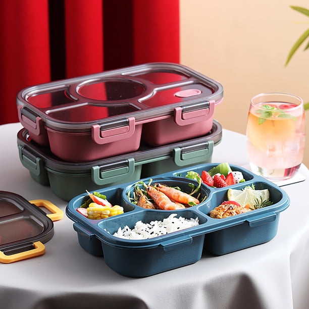 Fiudx Caja Bento de Plástico con 3 Compartimentos, Tapa Fácil de Abrir y Cerrar, Práctico Compartimento para Palillos y Cucharas, Material Ecológico, Colores Rojo, Azul y Verde.
