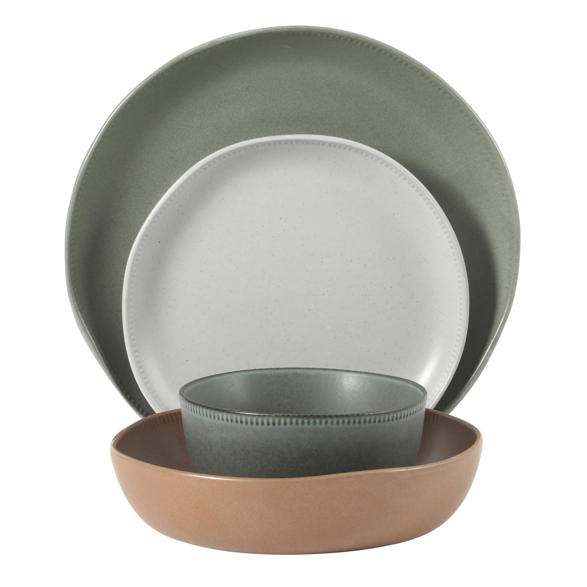 Gibson Elite Menlo Park 16-Piece Pottery Clay Stoneware Dinnerware Set – Assorted Colors Reactive Glaze, Embossed Plates and Bowls W/ Pasta Bowl, Service for 4 – Microwave & Dishwasher Safe