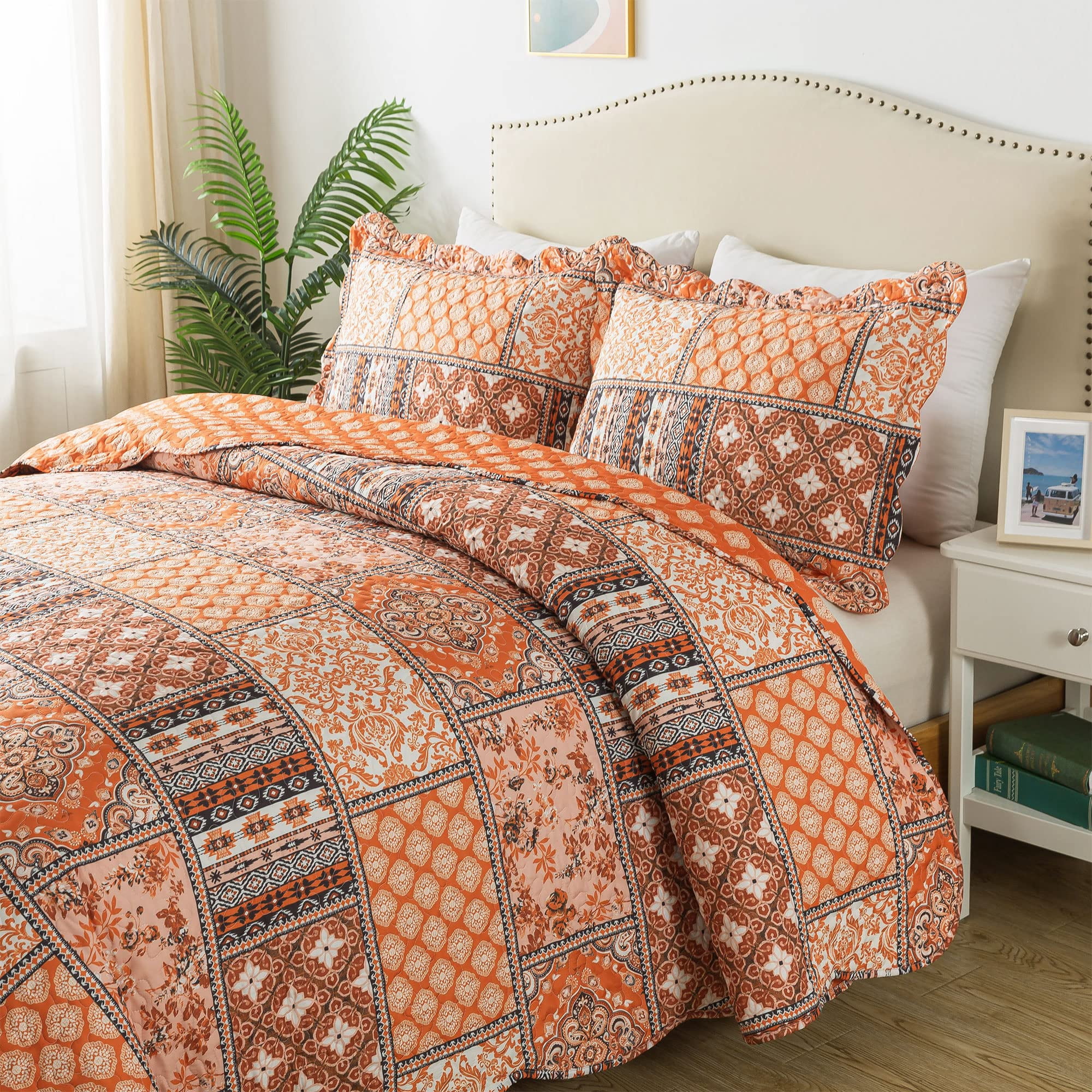 HoneiLife Quilts King Size - 3 Piece Microfiber Quilt set Reversible Bedspreads Patchwork Coverlets Floral Bedding Set All Season, Orange