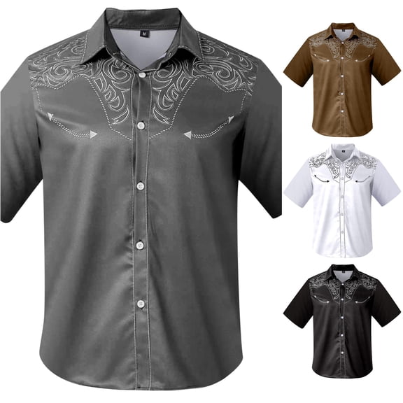 LIIPEE Western Cowboy Floral Graphic Shirt For Men Short Sleeve Turn Down Collar Button Up Shirts Male Comfortable Breathable Tops,XL