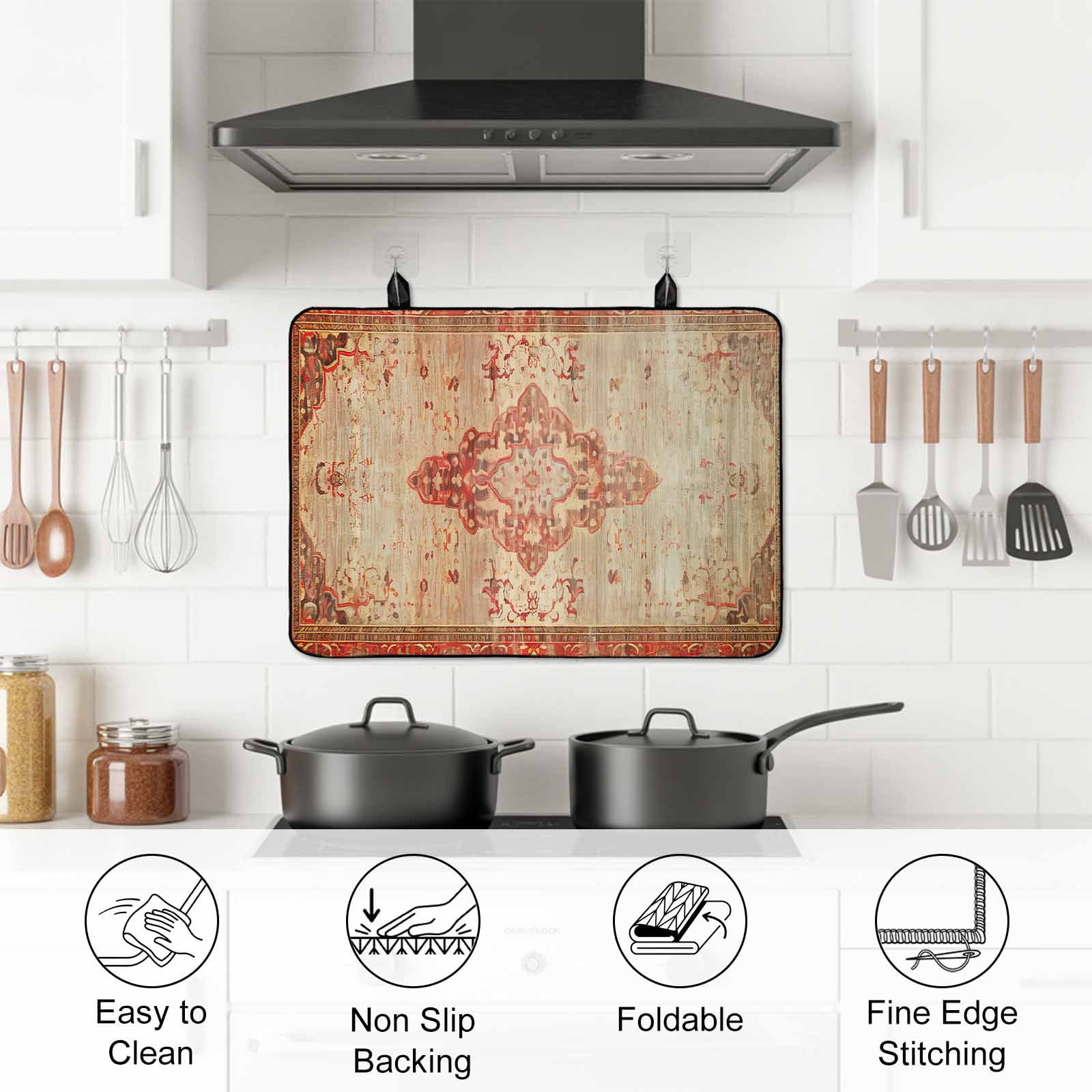 Red Beige Stove Top Cover for Electric Stove, Heat-proof & Non Slip Glass Top Stove Cover Protector, Vintage Boho Ethnic Geometric Abstract Art Kitchen Flat Cooktop Rubber Mat 24x21 Inches