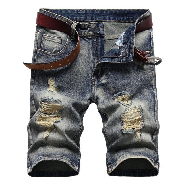 Meichang Men's Ripped Denim Shorts Slim Stretch Distressed Shorts Classic Fit Summer Workout Jean Shorts Zipper Open Five Point Short with Pockets