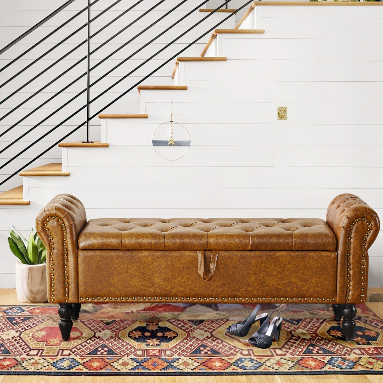 Furniliving Storage Ottoman Bench with Arms, Yellow Brown photo 5