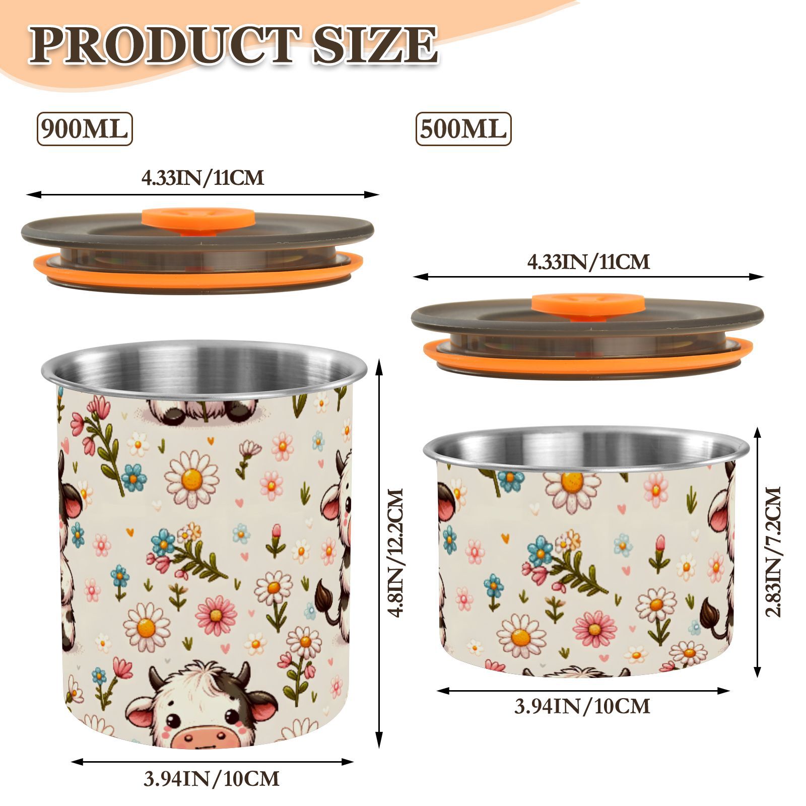 Cute Cow Daisy Flower Airtight Coffee Bean Canister 30oz Food Storage Containers with Lids For Gournd, Tea, Sugar, Flour, Rice, Cereal, Candy Cookie Jar